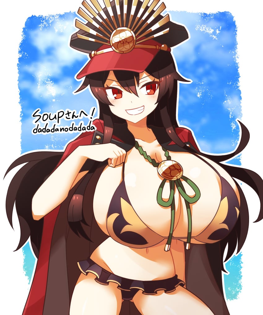 1girls alternate_breast_size black_bikini black_hair breast_expansion cape cleavage dadadanoda fate/grand_order fate_(series) huge_breasts long_hair military_hat navel oda_nobunaga_(fate) red_eyes smile solo solo_female swimsuit