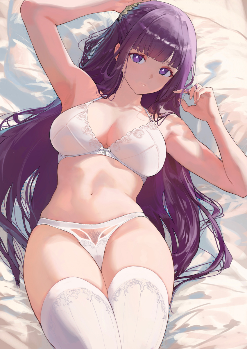 1girls bare_shoulders blunt_bangs bra breasts cleavage collarbone female female_pubic_hair fern_(sousou_no_frieren) hair_ornament half_updo highres large_breasts long_hair looking_at_viewer navel panties pubic_hair purple_eyes purple_hair salmon88 sidelocks solo sousou_no_frieren thighhighs thighs underwear white_bra white_panties white_thighhighs