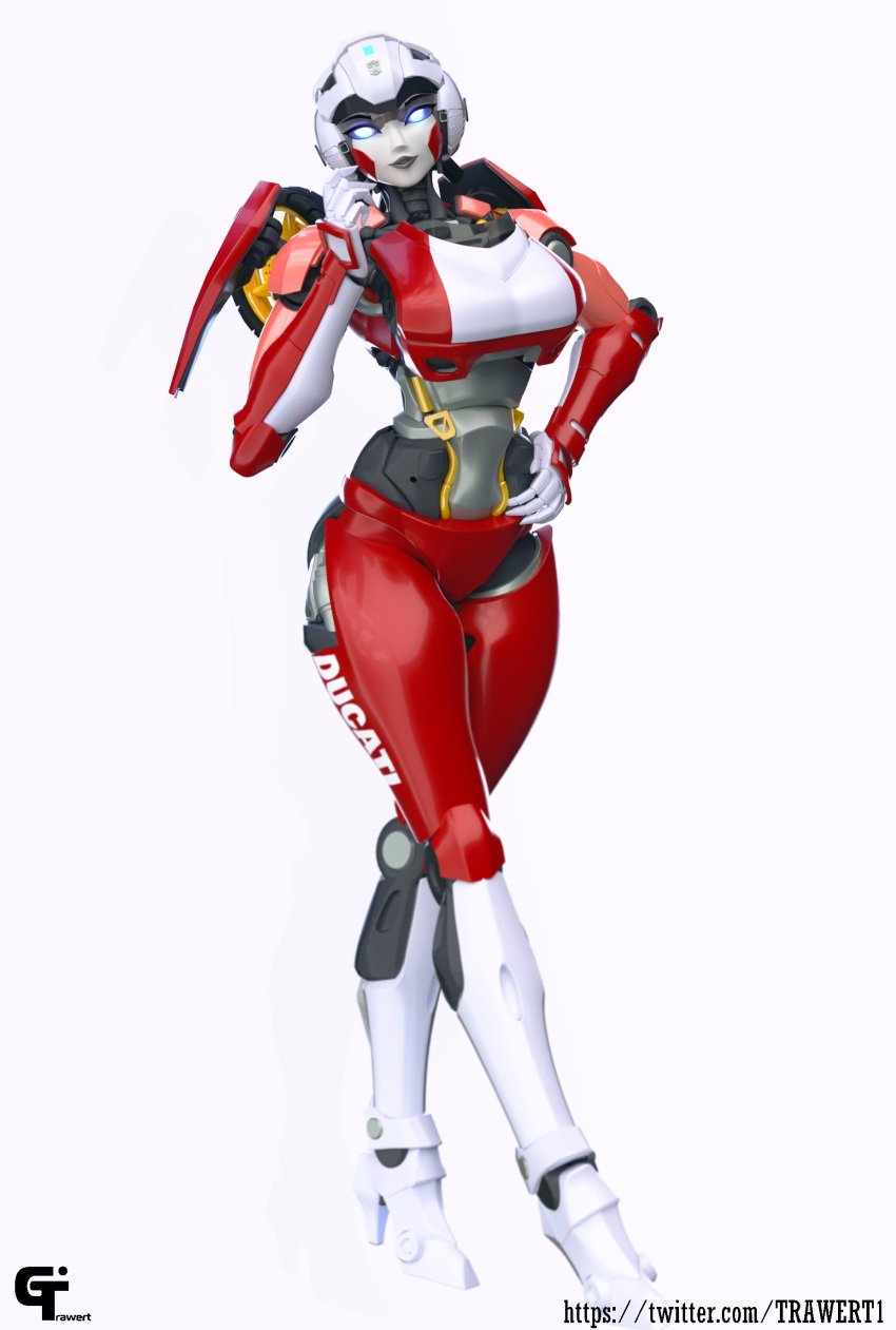 1girls 3d 3d_(artwork) arcee arcee_(rotb) artist_logo autobot autobot_insignia blue_eyes built-in_high_heels curvy curvy_body curvy_female curvy_figure female female_autobots female_only heeled_feet high_heels pose posing robot robot_girl slim_waist solo transformers transformers_rise_of_the_beasts trawert twitter_username white_background