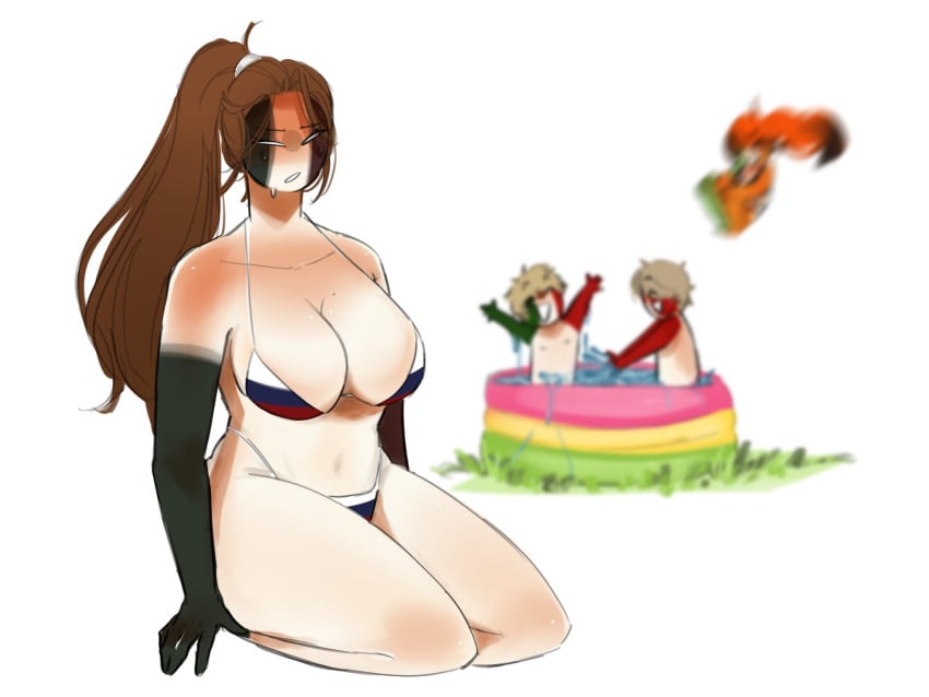 2boys 2girls big_breasts bikini blush brown_hair canada_(countryhumans) countryhumans countryhumans_girl female female_focus hourglass_figure idkcocco ireland_(countryhumans) markings mexico_(countryhumans) ponytail russian_flag simple_background sitting voluptuous white_background white_body white_skin