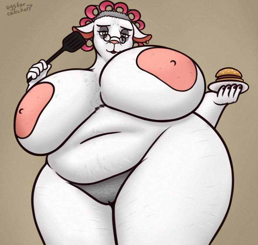 anthro areola belly beware_the_shadowcatcher big_areola big_breasts bovid breasts burger caprine cellulite ear_piercing ear_ring female food hi_res looking_at_viewer low-angle_view mammal mature_female maude_(bts) nipples overweight overweight_female oystercatcher7 piercing pubes ring_piercing sheep solo spatula stretch_marks thick_thighs tools zed_technician_games