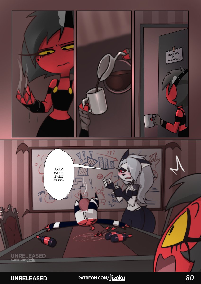 1boy 2girls black_hair coffee coffee_cup coffee_mug comic comic_page comic_panel demon demon_boy demon_girl demon_horns demon_tail demoness faint fainted female hellhound helluva_boss imp jizoku loona_(helluva_boss) male moxxie_(helluva_boss) page_80 red_body red_skin tagme vivienne_medrano vivziepop white_hair wolf_ears yellow_eyes