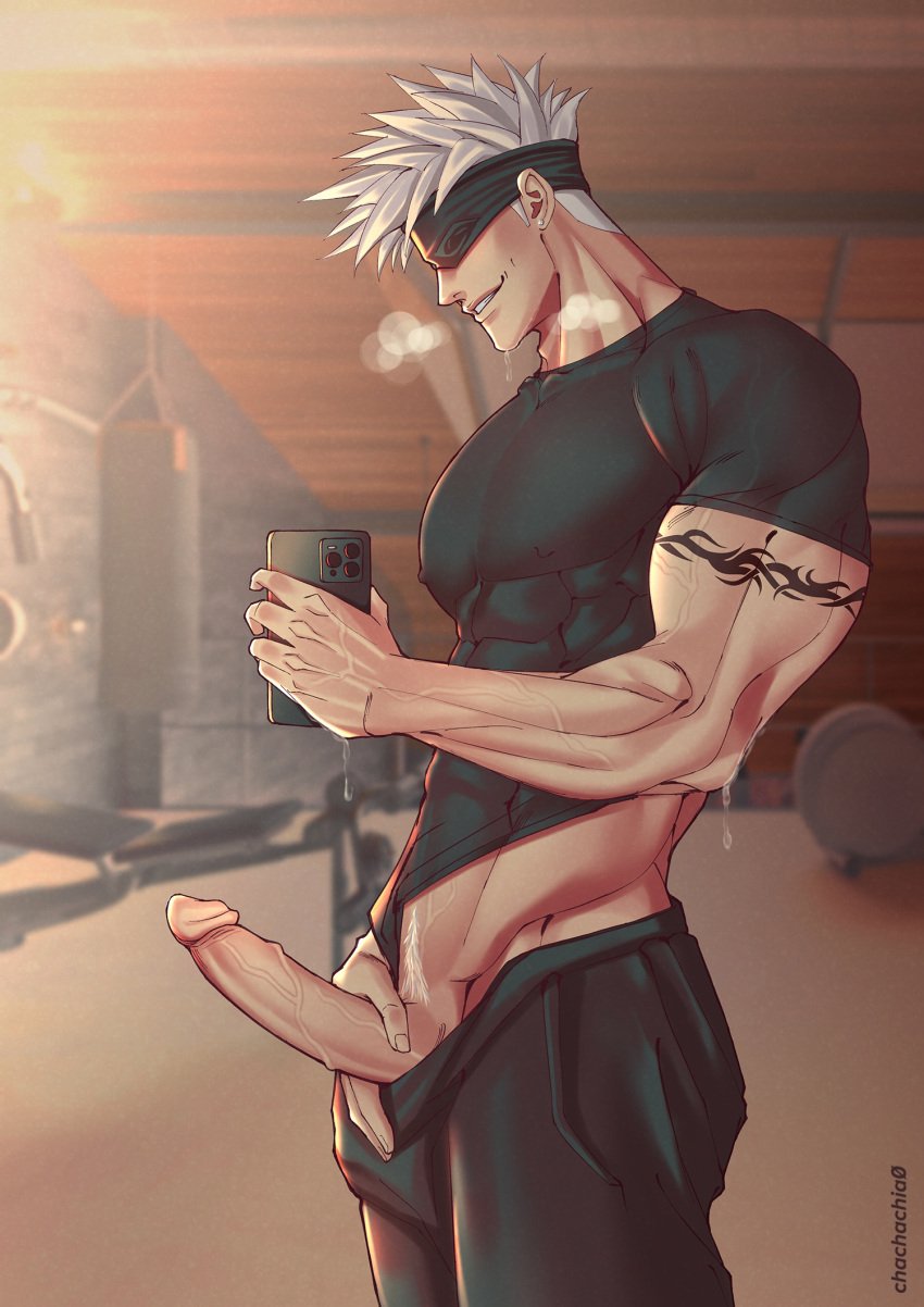 1boy 1male abs bara biceps big_penis chachachia0 erection gay hi_res highres jujutsu_kaisen male male_focus male_only male_pubic_hair muscular muscular_male penis satoru_gojo solo solo_male sweat vein veiny_penis