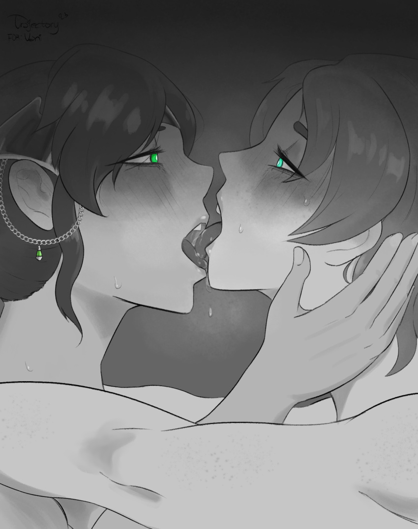 2girls blue_eyes cyan_eyes female female_only freckles french_kiss green_eyes greyscale kissing monochrome multiple_girls nora_valkyrie pyrrha_nikos rwby tongue tongue_kiss tongue_out trajectory yuri