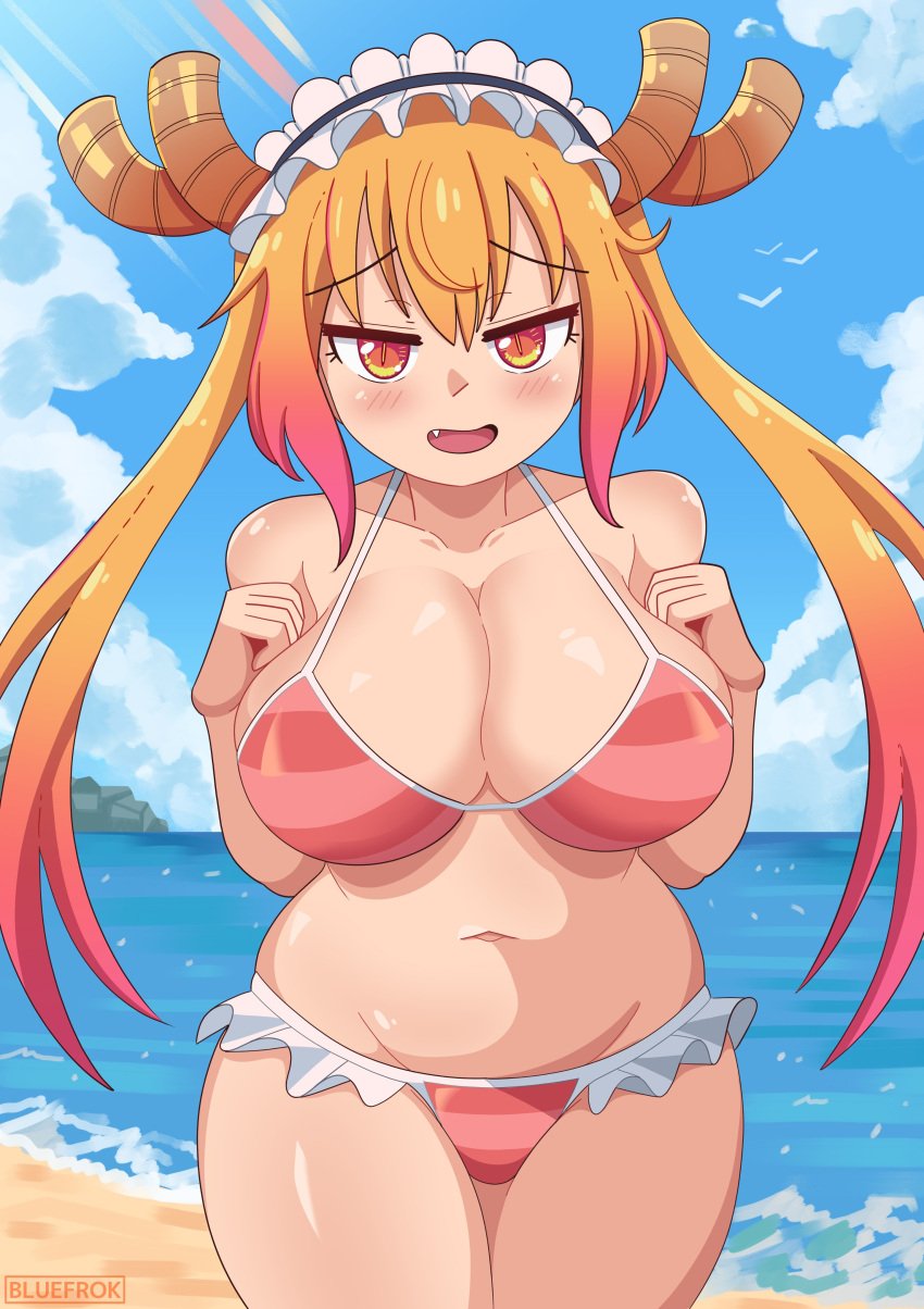 1girls 2020s 2023 anime anime_character beach big_breasts bikini bikini_bottom bikini_top blue_sky bluefrok cleavage clouds color colored curvaceous curves curvy curvy_body curvy_female curvy_figure dragon_girl dragon_horns dragon_maid eyebrows_visible_through_hair female female_focus female_only hands-free horns huge_breasts humanoid long_hair maid_headband miss_kobayashi's_dragon_maid orange_eyes orange_hair outdoors outside red_highlights sand shiny_skin slight_blush slightly_chubby slightly_chubby_female smile smiling_at_viewer smooth_skin sunny thick_thighs thighs thin_eyebrows tohru_(dragon_maid) two_tone_hair vertical_pupils voluptuous voluptuous_female water watermark waves