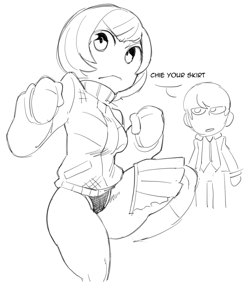 1girls 2021 caliginous jacket monochrome panties persona persona_4 satonaka_chie thick_thighs thighs tomboy torn_skirt wardrobe_malfunction