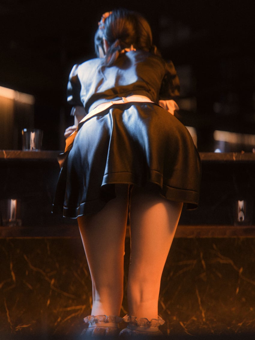 1girls bending_over black_hair blender clothed daz_studio female female_only kneepits leaning_forward maid maid_uniform pussy_juice rear_view shoelac3 short_sleeves solo suggestive teasing twintails upskirt