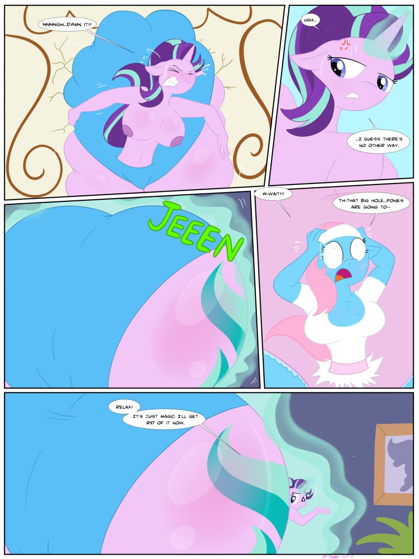 aloe_(mlp) ass big_ass big_breasts big_butt blue_panties breasts bubble_ass bubble_butt comic comic_page comic_panel cutie_mark dumptruck_ass dumptruck_butt equid equine friendship_is_magic horse huge_ass huge_butt magic my_little_pony necrofeline open_mouth pink_panties pony starlight_glimmer stuck stuck_in_door text text_box text_bubble underwear unicorn unicorn_horn