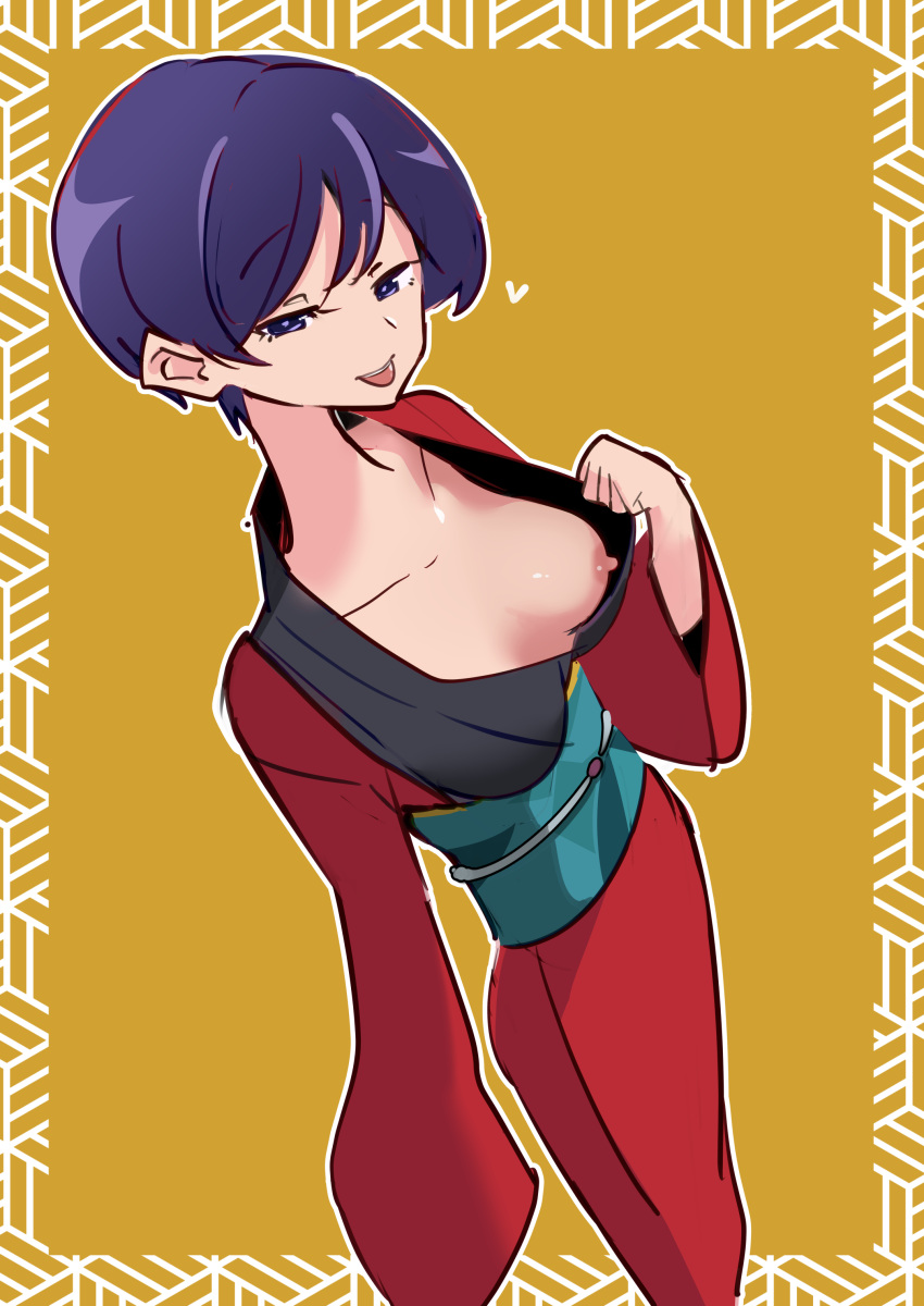 1girls breasts bunko eyebrows_visible_through_hair female female_only garasuhokou kimono medium_breasts nipples no_bra only_female purple_eyes purple_hair tongue tongue_out uchi_no_shisho_wa_shippo_ga_nai