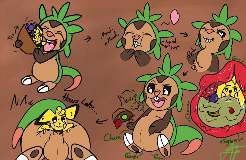 afraidpichu ass balls chespin feral full_tour generation_2_pokemon generation_6_pokemon genitals hi_res nintendo oral_vore pichu pokemon pokemon_(species) stomach_bulge swallowing unaware unaware_pred vore