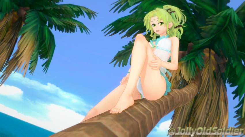 1girls 3d alternate_costume barefoot bikini breasts female female_only fire_emblem fire_emblem:_the_sacred_stones jollyoldsoldier l'arachel_(fire_emblem) medium_hair nintendo solo swimsuit tree white_bikini white_swimsuit