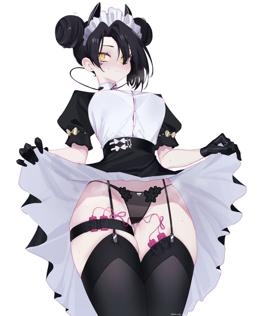 absurdres agent_(girls'_frontline) black_garter_straps black_gloves black_hair black_panties black_thighhighs blush breasts breath cameltoe closed_mouth clothes_lift double_bun dress dress_lift ear_blush eonsang female garter_straps girls'_frontline gloves hair_bun highres large_breasts lifted_by_self maid maid_headdress panties puffy_short_sleeves puffy_sleeves pussy_juice sex_toy short_sleeves skirt_lift solo thigh_strap thighhighs underwear vibrator vibrator_cord vibrator_in_thigh_strap vibrator_in_thighhighs vibrator_under_clothes vibrator_under_panties yellow_eyes