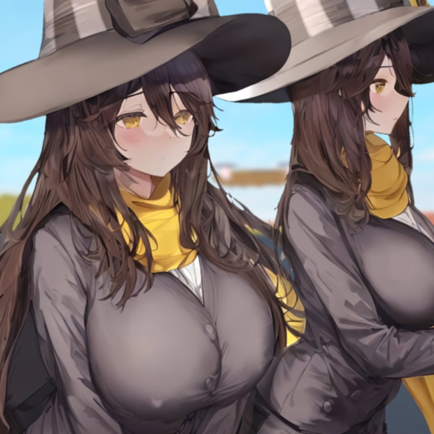 ai_generated big_breasts brown_hair female fully_clothed plane_crazy rickje139 roblox roblox_game rule_63 scarf suit top_hat yellow_eyes