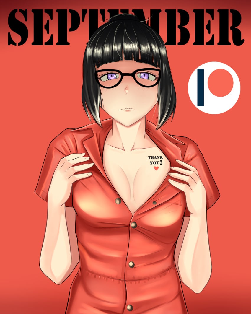 1girl 1girls black_hair breasts buttons en17 female female_only glasses inmate jail jumpsuit medium_hair orange_clothing patreon ponytail prison prison_clothes prison_jumpsuit prison_uniform prisoner purple_eyes sad showing_breasts showing_off solo_female tattoo uniform