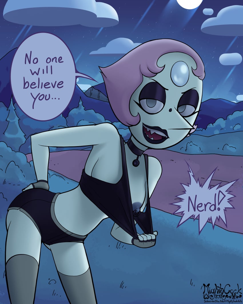 1girls alien alien_girl breasts emo female female_only flashing flashing_breasts gem_(species) goth goth_girl mightycock nipples pearl_(steven_universe) punk showing_tits solo solo_female speech_bubble steven_universe tagme text white_body