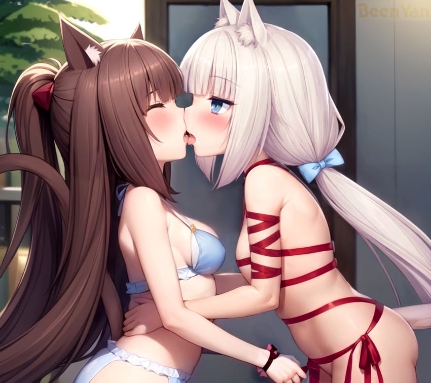 2girls ai_generated animal_ear_fluff animal_ears arm_ribbon bangs bare_arms bare_shoulders beenyan bell bikini blue_bikini blue_bow blue_bra blue_eyes blue_panties blunt_bangs blush bondage bow breasts brown_hair cat_ears cat_girl cat_tail chocola_(sayori) clavicle cleavage closed_eyes clothing female female_only frilled_bikini frilled_panties frills hair_ornament hair_ribbon hairbow hand_on_another's_stomach hand_on_another's_waist holding_hands hug in_profile indoors kissing lingerie long_hair looking_at_another low_twintails medium_breasts multiple_girls navel nekopara nipples nude open_mouth original pantsu pink_hair ponytail red_ribbon ribbon saliva saliva_trail side-tie_bikini_bottom side-tie_panties sidelocks silver_hair small_breasts smile standing swimsuit tail thighs tied_hair tongue tongue_out twintails underwear underwear_only vanilla_(sayori) very_long_hair white_hair white_panties white_underwear yuri