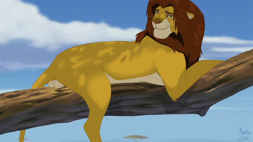 anus arf-fra balls bedroom_eyes branch disney fan_character felid feline feral genitals hi_res lion looking_at_viewer lying male male_only mammal narrowed_eyes pantherine seductive solo tail the_lion_king zilvus