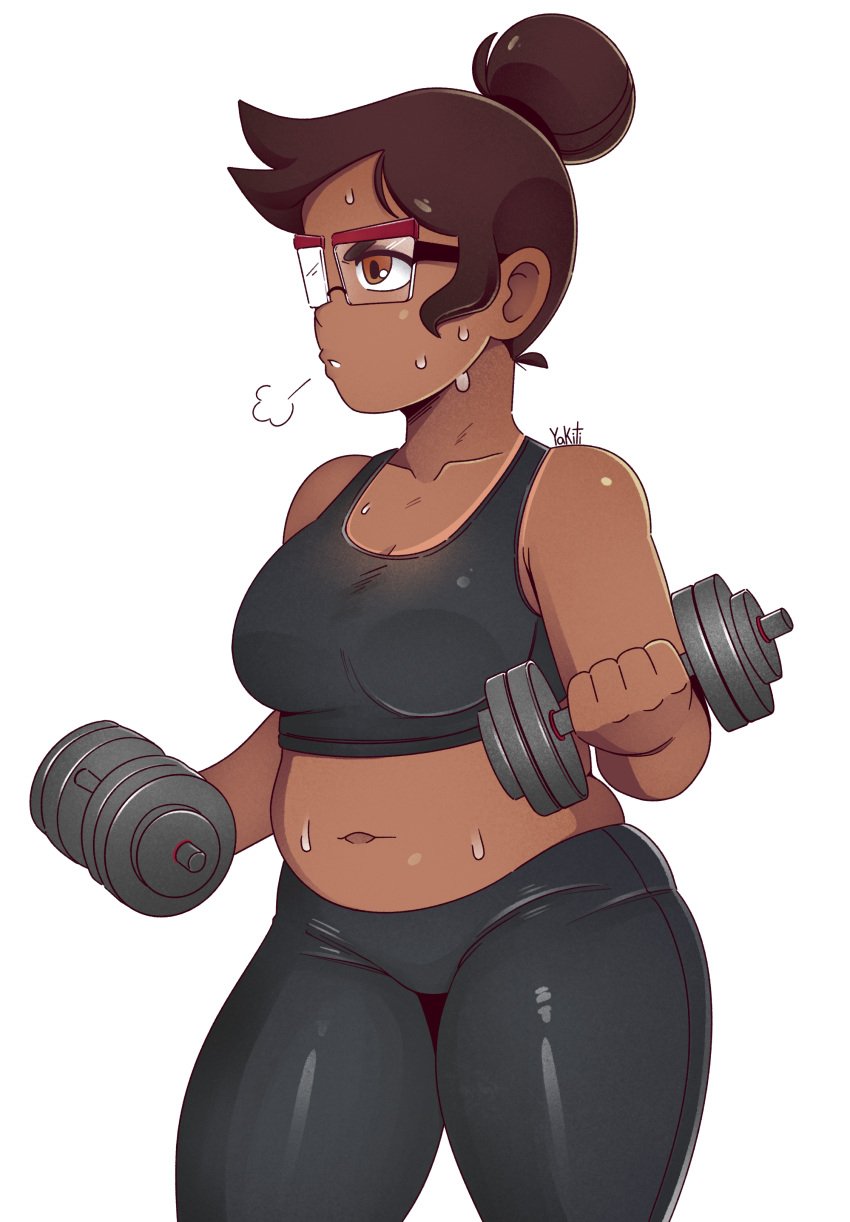 1girls absurd_res brown_hair camila_noceda chubby chubby_female dark-skinned_female disney dumbbell exercise female female_only glasses hair_bun hi_res latina mature mature_female milf navel straight_hair sweat sweating the_owl_house voluptuous yakiti