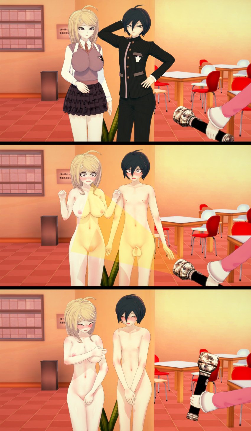 1boy 1girls 3d akamatsu_kaede big_breasts both_sexes_in_same_situation breasts clothed_female_nude_female clothed_female_nude_male completely_nude completely_nude_female completely_nude_male danganronpa danganronpa_v3 disappearing_clothes embarrassed embarrassed_nude_female embarrassed_nude_femboy embarrassed_nude_male enf enm exposed_breasts exposed_penis exposed_pussy female femboy iruma_miu koikatsu large_breasts male nude penis public_nudity pussy saihara_shuuichi straight_hair suddenly_naked ultimateenf