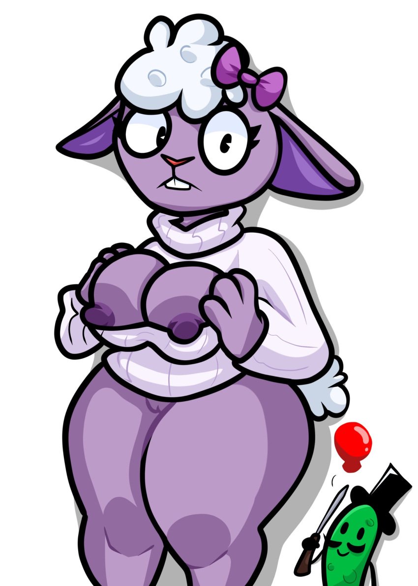 areola areolae big_breasts bowtie breasts happy_tree_friends lamb lammy_(htf) lewdewott mr._pickels mr._pickels_(htf) purple_nipples purple_skin pussy sheep thick_thighs white_sweater wide_hips