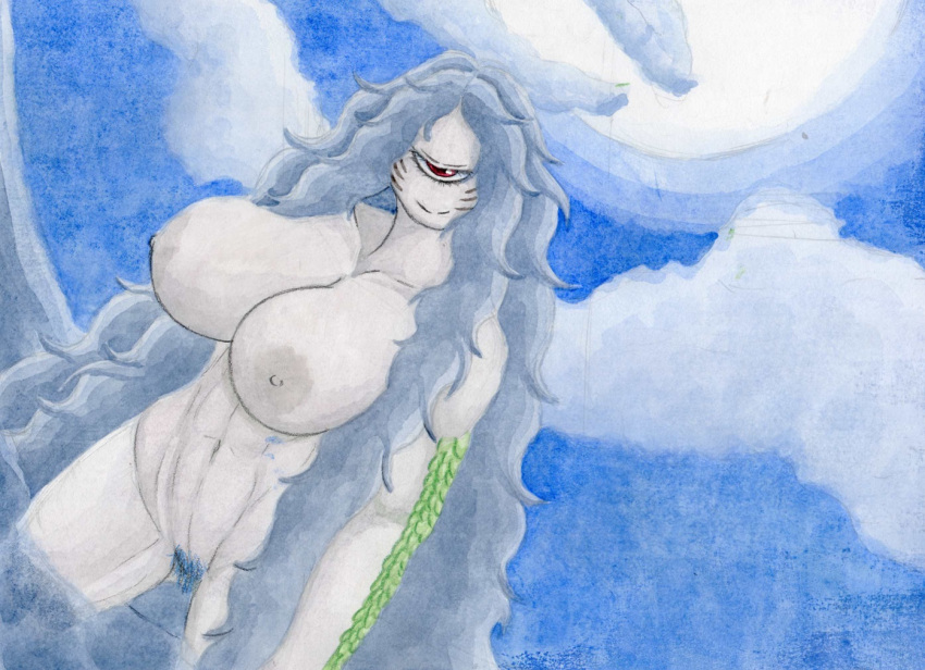 1_eye abs animal_humanoid areola atlus big_breasts big_hair blue_hair blue_pubes breasts cloud cloudscape cyclops deity eyelashes facial_markings female fish fish_humanoid green_body green_scales grey_areola grey_body grey_nipples grey_scales hair head_markings huge_breasts humanoid long_hair marine marine_humanoid markings megami_tensei messy_hair moon narrowed_eyes navel night nipples nude partially_submerged pubes red_eyes scales sedna_(megami_tensei) sega sky smile solo standing_in_water thick_thighs traditional_media_(artwork) u_su1 wide_hips