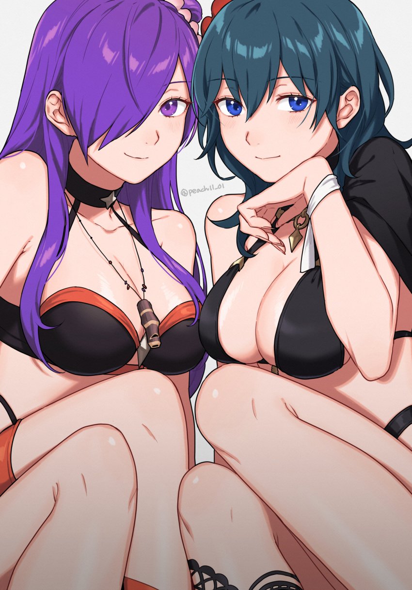 2girls alternate_costume bikini black_bikini black_swimsuit blue_eyes blue_hair breasts byleth_(female)_(summer)_(fire_emblem) byleth_(fire_emblem) byleth_(fire_emblem)_(female) choker cleavage closed_mouth female female_only fire_emblem fire_emblem:_three_houses fire_emblem_heroes fire_emblem_warriors:_three_hopes flower hair_between_eyes hair_bun hair_flower hair_ornament hair_over_one_eye hibiscus highres large_breasts long_hair multiple_girls navel nintendo official_alternate_costume peach11_01 purple_eyes purple_hair shez_(female)_(fire_emblem) shez_(female)_(summer)_(fire_emblem) shez_(fire_emblem) single_hair_bun sitting smile swimsuit whistle