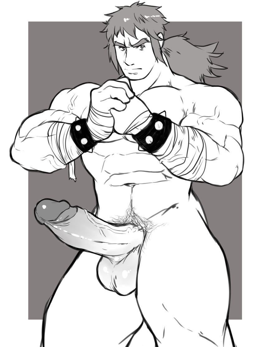 balls bara big_balls big_penis boner bruno_(pokemon) erection hoybarartist male male_only monochrome muscles muscular nintendo nude penis pokemon solo solo_male