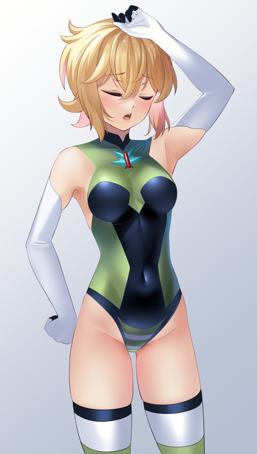 absurdres akatsuki_kirika arm_up blonde_hair blush breasts closed_eyes covered_navel elbow_gloves facing_viewer female gloves green_leotard highleg highleg_leotard highres leotard medium_breasts nyanmaru open_mouth senki_zesshou_symphogear shiny_skin short_hair skin_tight solo standing striped striped_thighhighs thighhighs