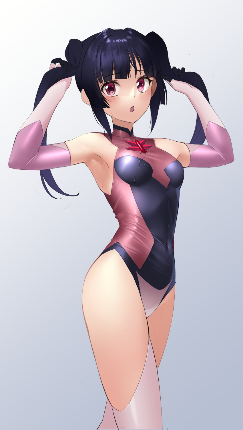 absurdres black_hair blunt_bangs blush breasts covered_navel elbow_gloves female gloves highres leotard long_hair looking_at_viewer nyanmaru open_mouth pink_eyes pink_leotard senki_zesshou_symphogear shiny_skin skin_tight small_breasts solo standing sweat thighhighs tsukuyomi_shirabe twintails