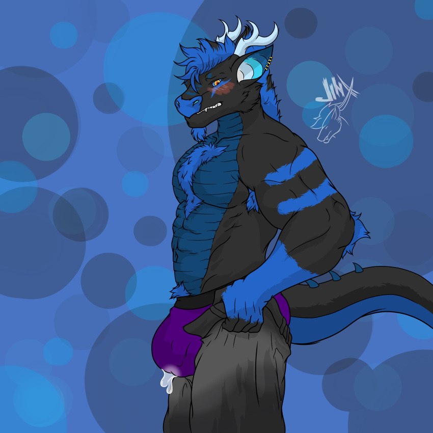 1:1 absurd_res anthro ass bkack_&_blue_dragon black_body blue_background blue_body blue_fur blush bodily_fluids body_hair bottomwear bulge chest_hair chest_tuft clothed clothing cum cum_drip cum_inside digital_media_(artwork) dragon dripping embarrassed fluffy fur genital_fluids hair hi_res horn jinxed_arts male male_only meme musclegut muscular muscular_anthro muscular_male pants pecs pubes pulling_up_pants purple purple_clothing purple_underwear simple_background solo tail tight_bottomwear tight_clothing tight_pants tight_pants_(meme) tuft underwear