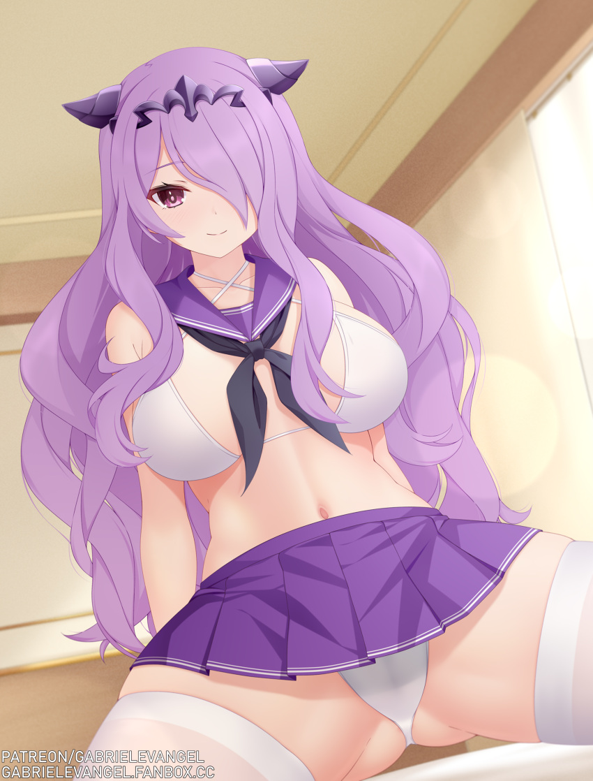 1girls absurdres ass_visible_through_thighs bare_thighs bed bikini black_tiara bra breasts cameltoe camilla_(fire_emblem) cleft_of_venus female female_only fire_emblem fire_emblem_fates from_below gabriel_evangel hair_ornament hair_over_one_eye highres horn_ornament horns indoors large_breasts light-skinned_female light_skin long_hair looking_at_viewer microskirt navel nintendo panties pantyshot pantyshot_(sitting) partially_visible_vulva pink_eyes purple_hair sailor_collar school_uniform schoolgirl serafuku skirt smile solo split spread_legs swimsuit thick_thighs thighhighs thighs tiara underwear upskirt very_long_hair white_bra white_panties white_thighhighs