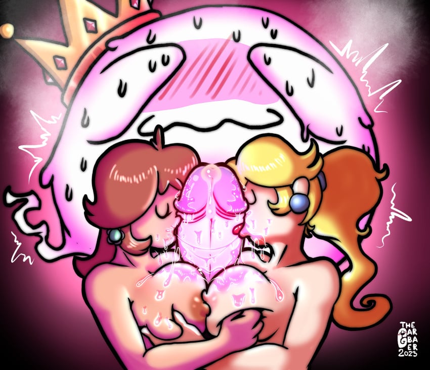 1boy 2girls big_penis blowjob_sandwich blush boo_(mario) collaborative_fellatio double_titfuck fellatio ghost ghost_penis king_boo luigi's_mansion mario_(series) multiple_girls nintendo paizuri princess_daisy princess_peach saliva_drip saliva_string sloppy_blowjob super_mario_bros. teamwork the_garbager619 tongue