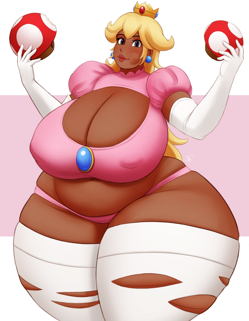 1girls alternate_breast_size breasts_bigger_than_head dark_skin editor_shiftyshades fat female huge_breasts huge_thighs mario_(series) massive_breasts mushroom obese overweight princess_peach super_mario_bros. thick_thighs third-party_edit