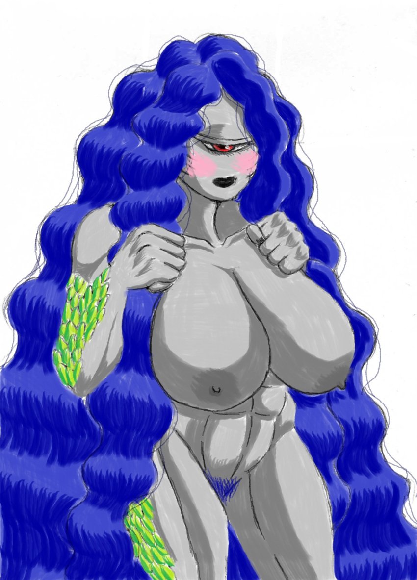 1_eye abs animal_humanoid areola atlus big_breasts big_hair blush breasts curled_hair cyclops deity eyelashes facial_markings female fish fish_humanoid green_body green_scales grey_areola grey_body grey_nipples grey_scales hair head_markings hi_res huge_breasts humanoid long_hair looking_at_viewer marine marine_humanoid markings megami_tensei messy_hair muscular muscular_female narrowed_eyes navel nipples nude open_mouth pubes purple_hair purple_pubes red_eyes scales sedna_(megami_tensei) sega simple_background solo thick_thighs u_su1 white_background wide_hips