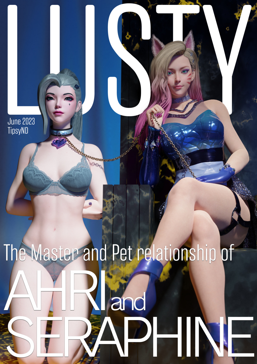 3d 9_tails ahri bondage collar female femdom k/da_ahri k/da_all_out_ahri k/da_all_out_seraphine k/da_all_out_series k/da_series league_of_legends leash leash_and_collar lingerie magazine magazine_cover nine_tailed_fox petplay seraphine_(league_of_legends) submissive tipsynd underwear vastaya