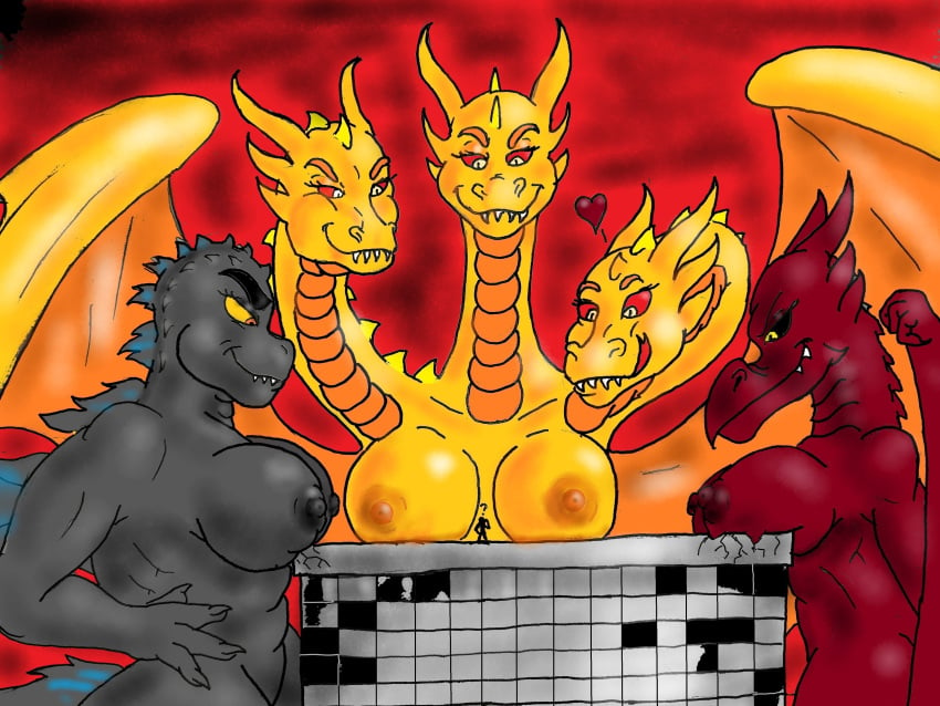 big_breasts female_only ghidorah_(species) godzilla godzilla_(series) guodzilla kaiju_girl king_ghidorah nipples rodan rodan_(toho) toho_(film_company)