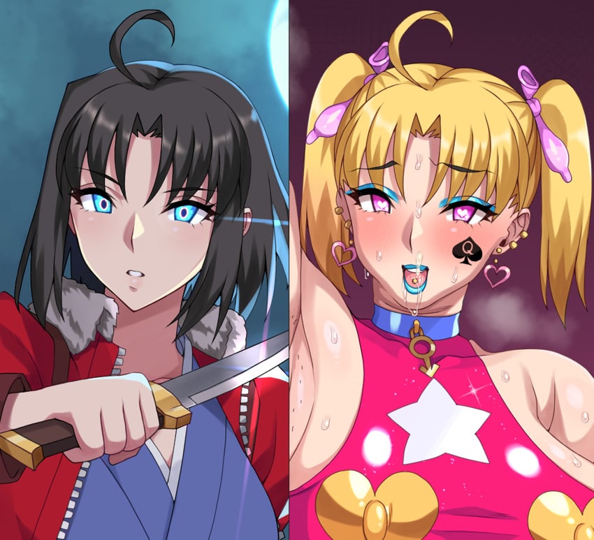 armpit_stubble armpits before_and_after bimbofication brain_drain brainwashing breast_expansion condom_hair_ornament darkness_chaicha female hair_color_change huge_breasts kara_no_kyoukai plump queen_of_spades revealing_clothes ryougi_shiki split_screen transformation weight_gain