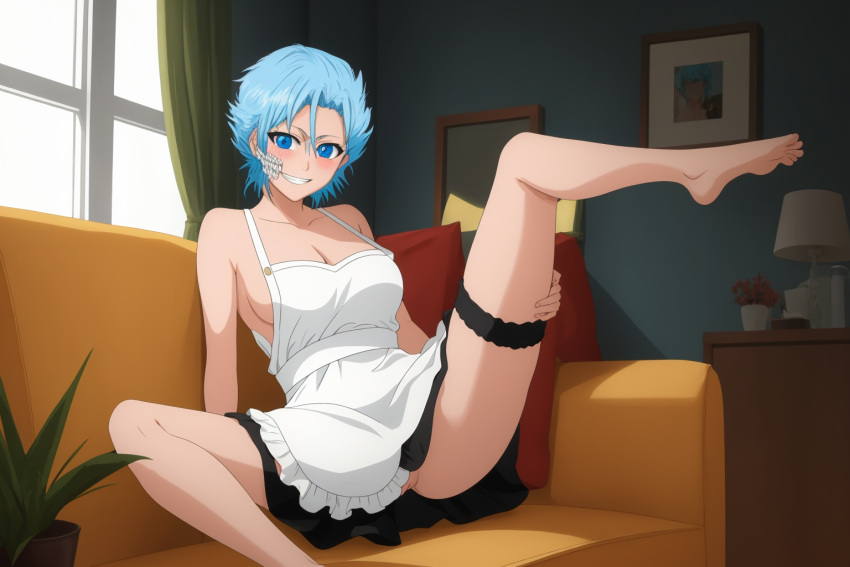 ai_generated bleach blue_eyes blue_hair blush exposed_pussy genderswap_(mtf) grimmjow_jaegerjaquez leg_up looking_at_viewer naked_apron pussy rule_63 smile