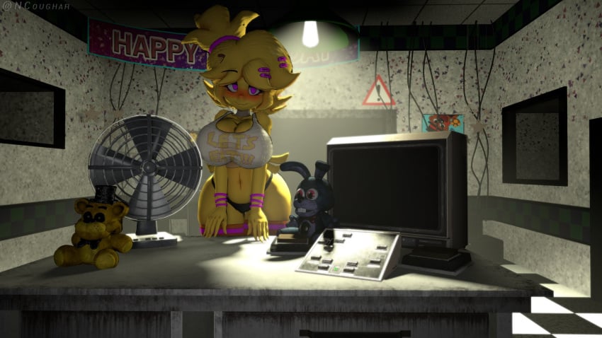 1girls 3d 3d_(artwork) anthro artist_name big_breasts blush breasts cally3d chica_(cally3d) chica_(fnaf) chiku chiku_(cryptia) clazzey cleavage cryptiacurves curvy fazclaire's_nightclub female female_only five_nights_at_freddy's fnaf fredina's_nightclub furry hi_res hourglass_figure huge_breasts legwear ncoughar plushie scottgames smile solo thick_thighs thighhighs voluptuous wide_hips yellow_fur