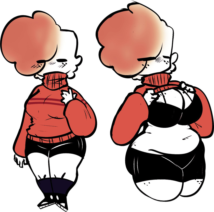 blush_lines blushing bra chubby chubby_female eyes_closed food_humanoid freckles freckles_on_breasts freckles_on_face lazycumlol lifting_shirt marshmallow marshmallow_gal_(lazycumlol) shirt_lift shorts