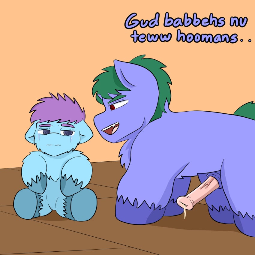 1:1 arisenleaf baby_talk blue_body blue_eyes blue_fur bodily_fluids crying dialogue duo english_text erection feral fluffy_pony fur green_hair hair hi_res male purple_hair red_eyes tears text