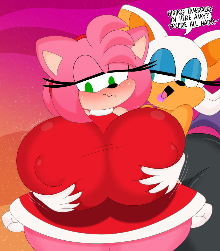 2girls 3barts amy_rose big_ass big_breasts big_butt big_nipples blush blushing blushing_female breast_expansion breasts_bigger_than_body breasts_bigger_than_head breasts_bigger_than_torso female female_only furry green_eyes groping groping_breasts groping_from_behind hourglass_figure huge_ass huge_breasts huge_nipples hyper_breasts multiple_girls nipple_bulge nipples nipples_visible_through_clothing rouge_the_bat sonic_(series) sonic_the_hedgehog_(series) squeezing_breasts tagme teal_eyes