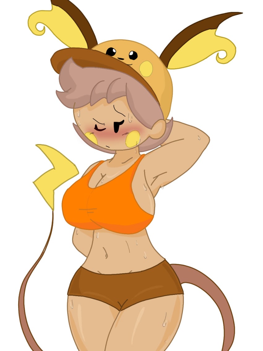 big_breasts blush brown_shorts chanceslow confused confused_look gym_clothes latina oc orange_shirt pokemon raichi_(chanceslow) sweat thick_thighs