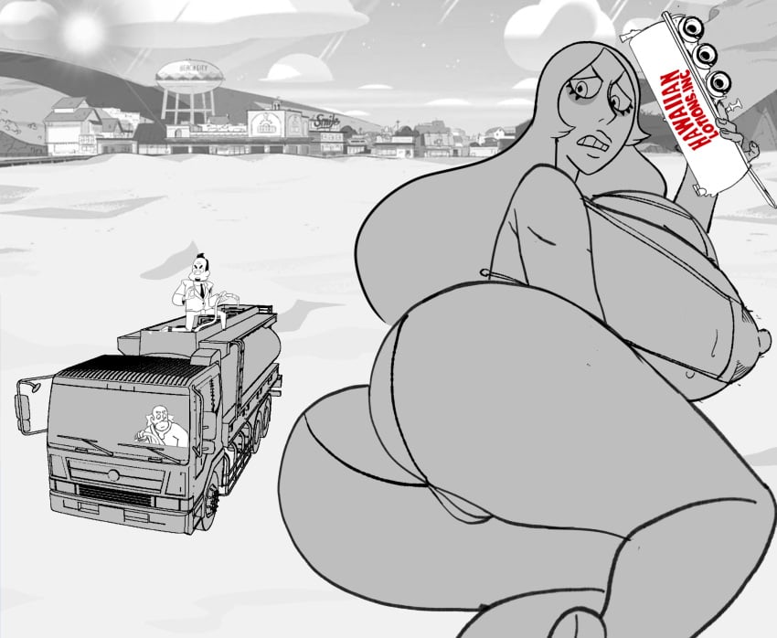 1girls 2boys ass big_breasts big_butt bikini bikini_top bill_dewey blue_diamond_(steven_universe) breasts car cartoon_network diamond_authority doompypomp female gem_(species) gems giantess gigantic_ass gigantic_breasts greg_universe greyscale huge_ass huge_breasts legs male mayor_dewey pussy sketch steven_universe sun sunglasses water