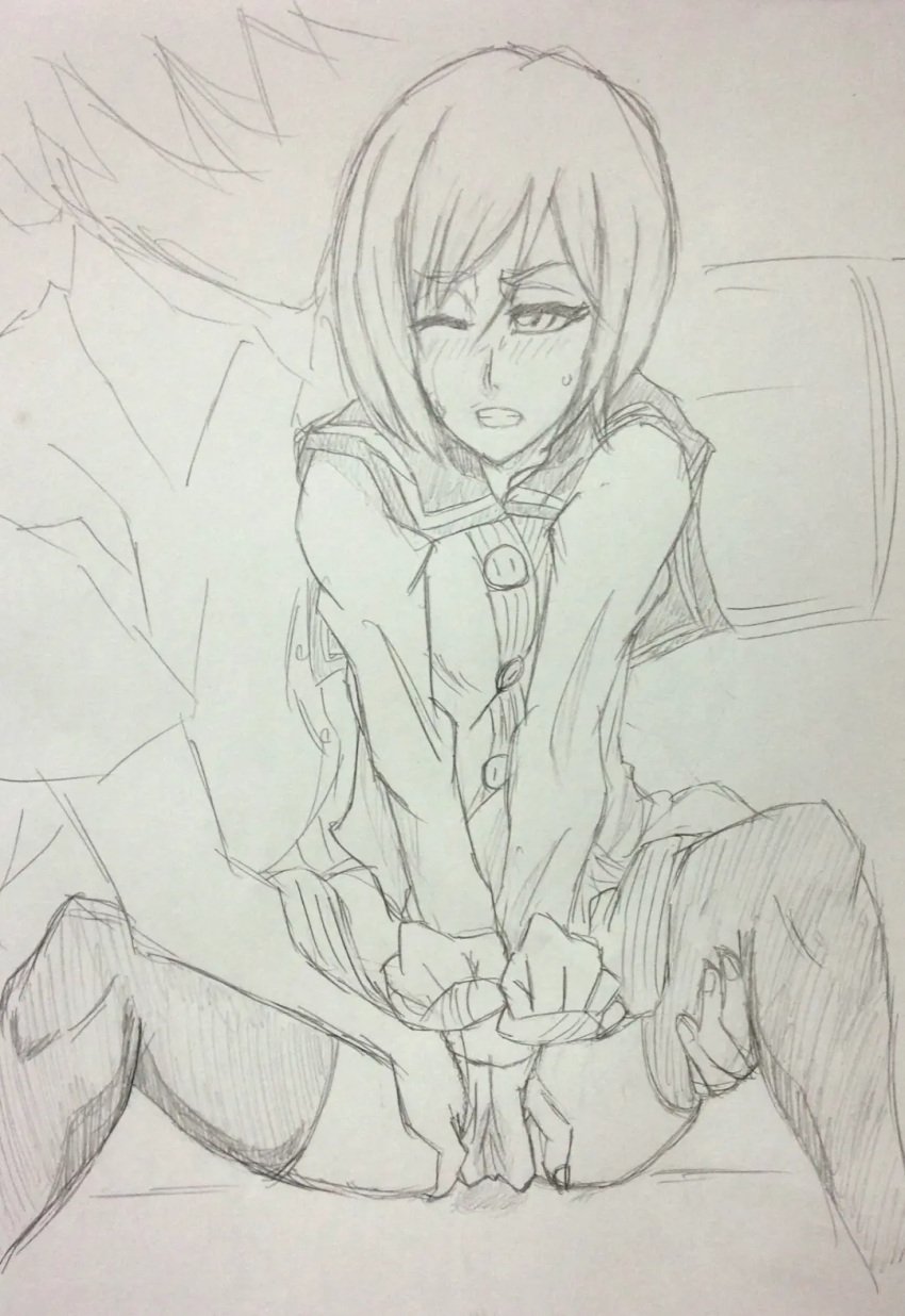 black_socks bleach clenched_fists clenched_hands clenched_teeth hand_in_panties kujou_nozomi monochrome mr_trace_mosha nozomi_kujo one_eye_closed panties pencil_(artwork) questionable_consent socks spread_legs stockings thigh_socks thighhighs