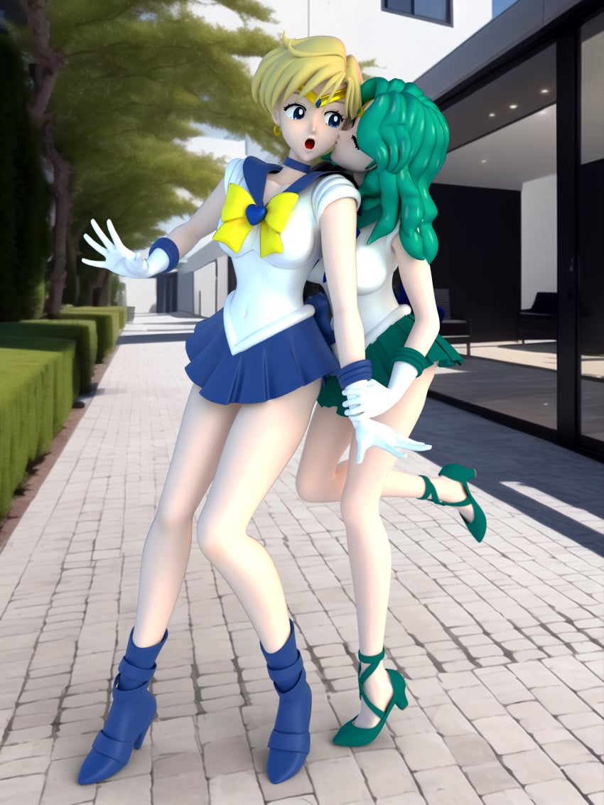 bishoujo_senshi_sailor_moon clothing haruka_tenou high_heel_boots high_heels michiru_kaiou sailor_neptune sailor_uranus shocking_(artist) skirt small_breasts tagme yuri