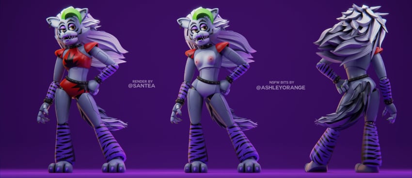 3d 3d_(artwork) animatronic anthro boobs breasts canine five_nights_at_freddy's five_nights_at_freddy's:_security_breach furry grey_body hand_on_hip long_hair medium_breasts nipples on/off pink_nipples purple_lips purple_lipstick roxanne_wolf_(fnaf) santea solo tits white_hair wolf wolf_ears wolf_girl wolf_humanoid wolf_tail