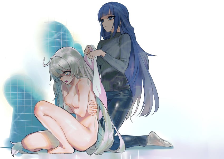 2girls blue_eyes blue_hair emotionless fully_clothed fully_nude grey_hair honkai_(series) honkai_impact_3rd kiana_kaslana multiple_girls raiden_mei scared shaking tagme tofu_crust