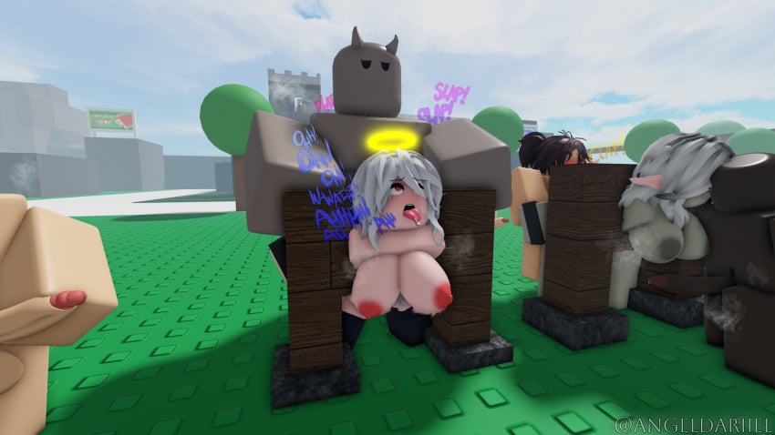 2girls 3d 5boys angel angel_halo ass big_breasts big_penis bondage breasts crossroads_(roblox) darriel_(artist) doggy_style female fucked_silly gangbang halo male nipples penis pillory public_use rape restrained roblox robloxian sex stuck tongue tongue_kiss tongue_out trap