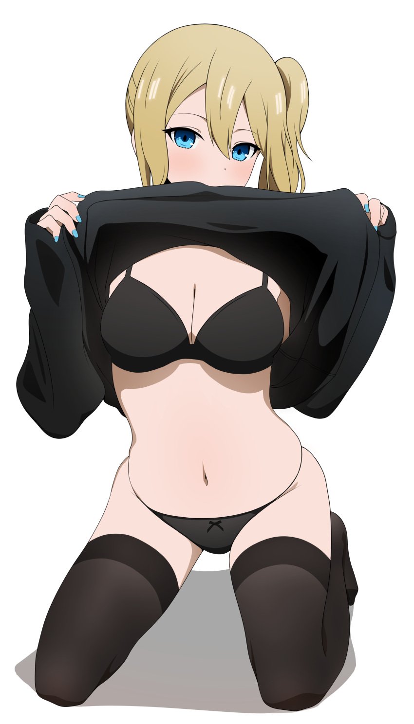 1girls accurate_art_style aqua_eyes aqua_nails big_breasts black_bra black_legwear black_panties blonde_hair blue_eyes blush bra breasts chest cleavage coro_fae covering_mouth dress dress_lift female female_only flashing hayasaka_ai highres kaguya-sama_wa_kokurasetai_~tensai-tachi_no_renai_zunousen~ kneeling legwear lifting_clothing light-skinned_female looking_at_viewer nail_polish navel official_style panties presenting presenting_cleavage seductive side_ponytail solo stockings sweater sweater_lift thick_thighs thighhighs thighs underwear waist white_background